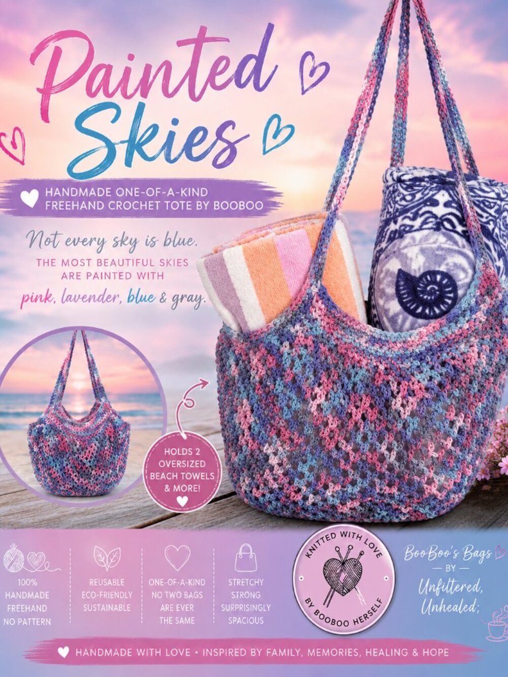 🩷💜🩵 Painted Skies 🩵💜🩷 Handmade One-of-a-Kind Freehand Crochet Tote BooBoo